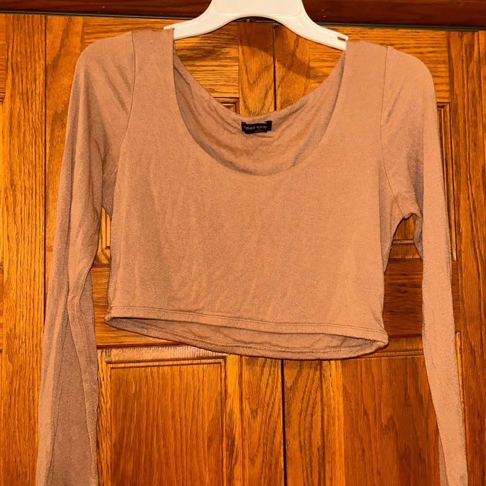 Naked Wardrobe Women’s Tan Long Sleeve Crop Top - Picture 3 of 6